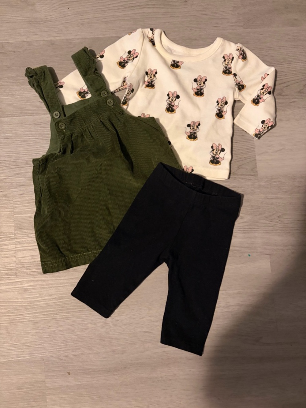 Green Corduroy Overall Dress with Black Leggings & Cream Minnie Top - Kids